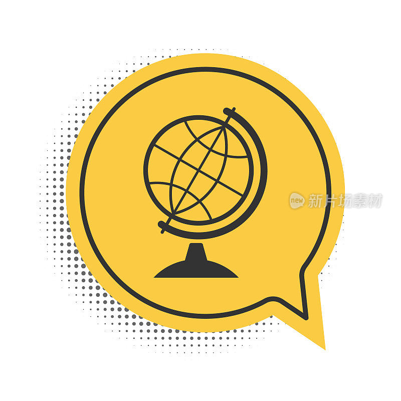Black Earth globe icon isolated on white background. Yellow speech bubble symbol. Vector